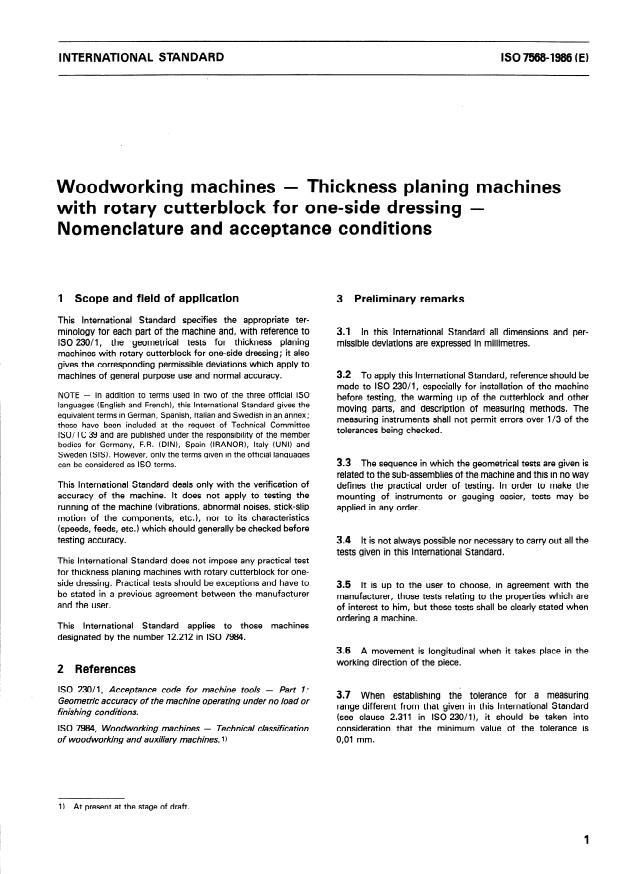 ISO 7568:1986 - Woodworking machines -- Thickness planing machines with rotary cutterblock for one-side dressing -- Nomenclature and acceptance conditions