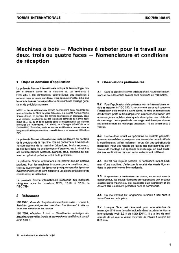 ISO 7569:1986 - Machines a bois -- Machines a raboter pour le travail sur deux, trois ou quatre faces -- Nomenclature et conditions de réception
