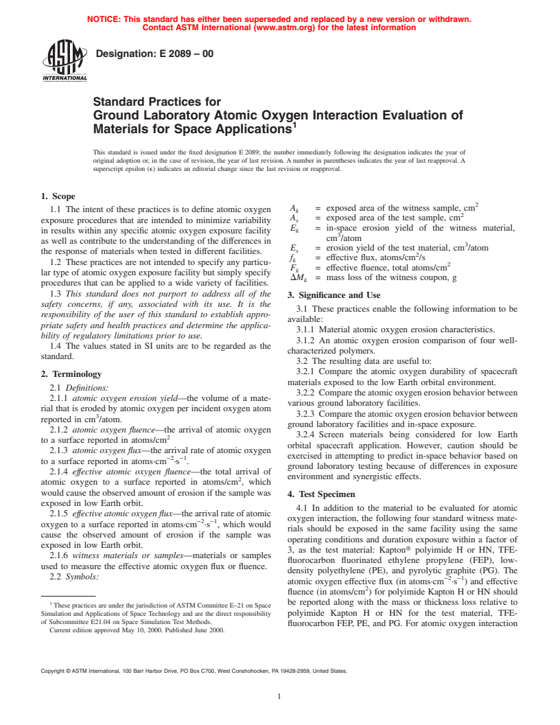 ASTM E2089-00 - Standard Practices for Ground Laboratory Atomic Oxygen Interaction Evaluation of Materials for Space Applications