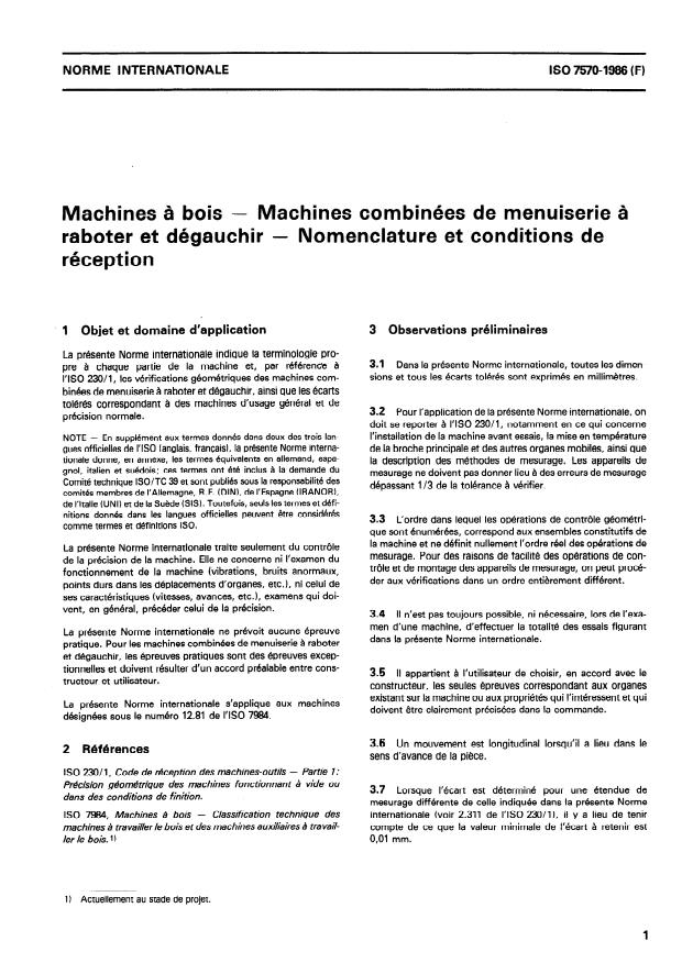 ISO 7570:1986 - Machines a bois -- Machines combinées de menuiserie a raboter et dégauchir -- Nomenclature et conditions de réception