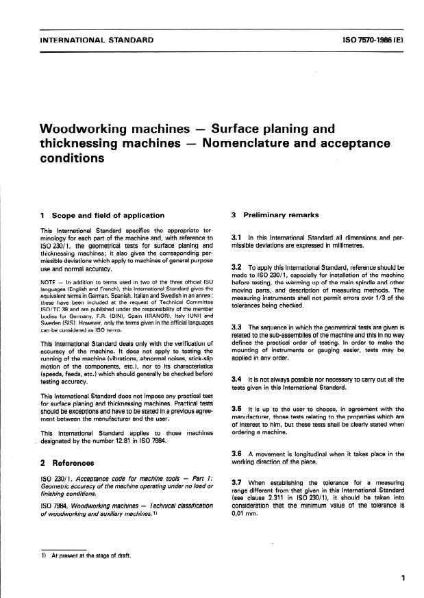ISO 7570:1986 - Woodworking machines -- Surface planing and thicknessing machines -- Nomenclature and acceptance conditions