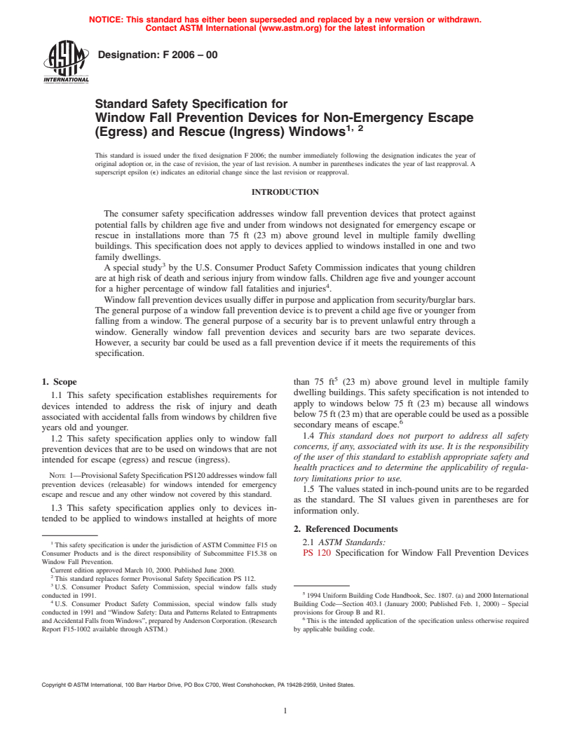 ASTM F2006-00 - Standard Safety Specification for Window Fall Prevention Devices for Non-Emergency Escape (Egress) and Rescue (Ingress) Windows