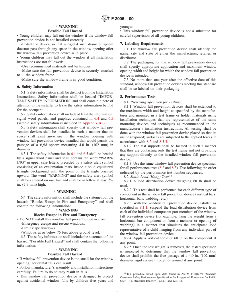 ASTM F2006-00 - Standard Safety Specification for Window Fall Prevention Devices for Non-Emergency Escape (Egress) and Rescue (Ingress) Windows