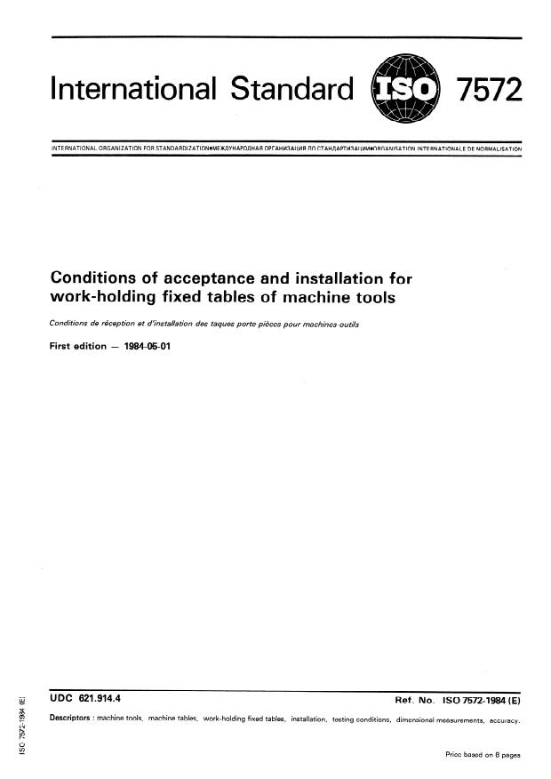 ISO 7572:1984 - Conditions of acceptance and installation for work-holding fixed tables of machine tools