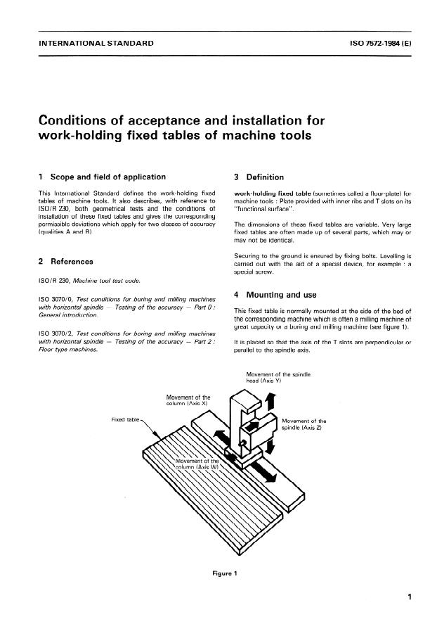 ISO 7572:1984 - Conditions of acceptance and installation for work-holding fixed tables of machine tools