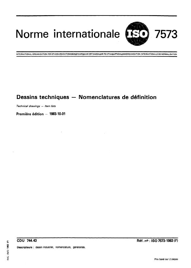 ISO 7573:1983 - Dessins techniques -- Nomenclatures de définition