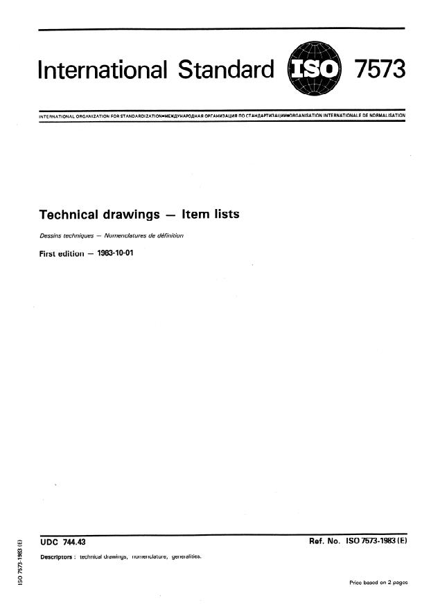 ISO 7573:1983 - Technical drawings -- Item lists