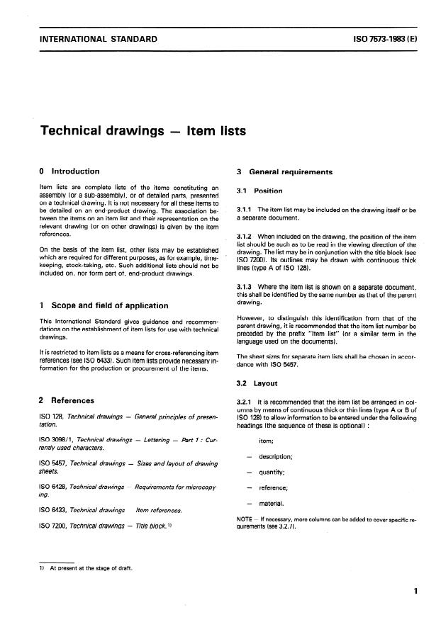 ISO 7573:1983 - Technical drawings -- Item lists