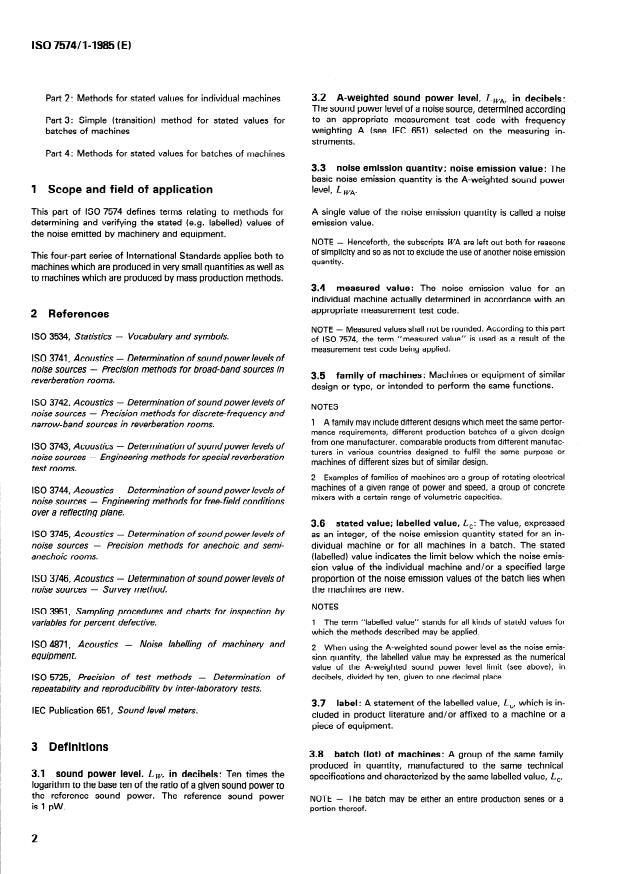 ISO 7574-1:1985 ISO 7574-1:1985 - Acoustics -- Statistical methods for determining and verifying stated noise emission values of machinery and equipment - Page 4 preview