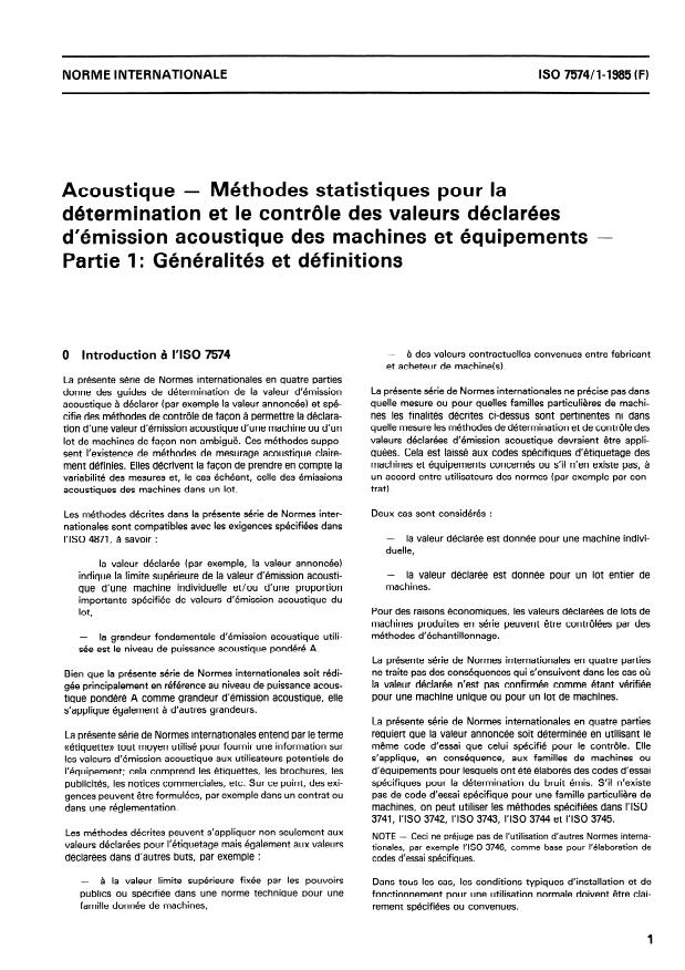 ISO 7574-1:1985 ISO 7574-1:1985 - Acoustique -- Méthodes statistiques pour la détermination et le contrôle des valeurs déclarées d'émission acoustique des machines et équipements - Page 3 preview
