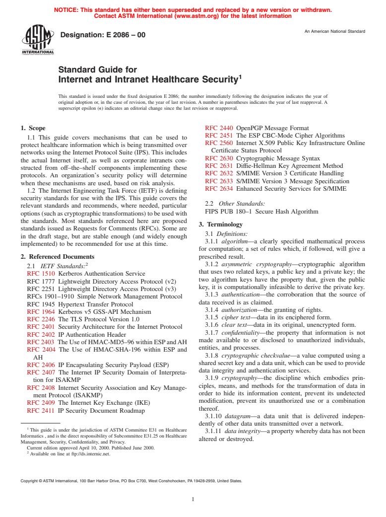 ASTM E2086-00 - Standard Guide for Internet and Intranet Healthcare Security (Withdrawn 2009)