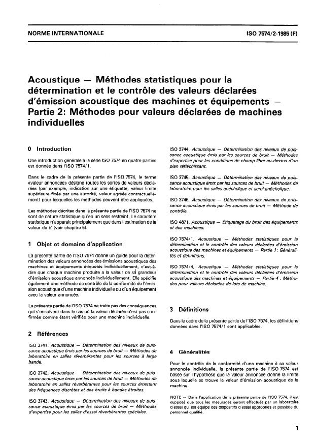 ISO 7574-2:1985 ISO 7574-2:1985 - Acoustique -- Méthodes statistiques pour la détermination et le contrôle des valeurs déclarées d'émission acoustique des machines et équipements - Page 3 preview