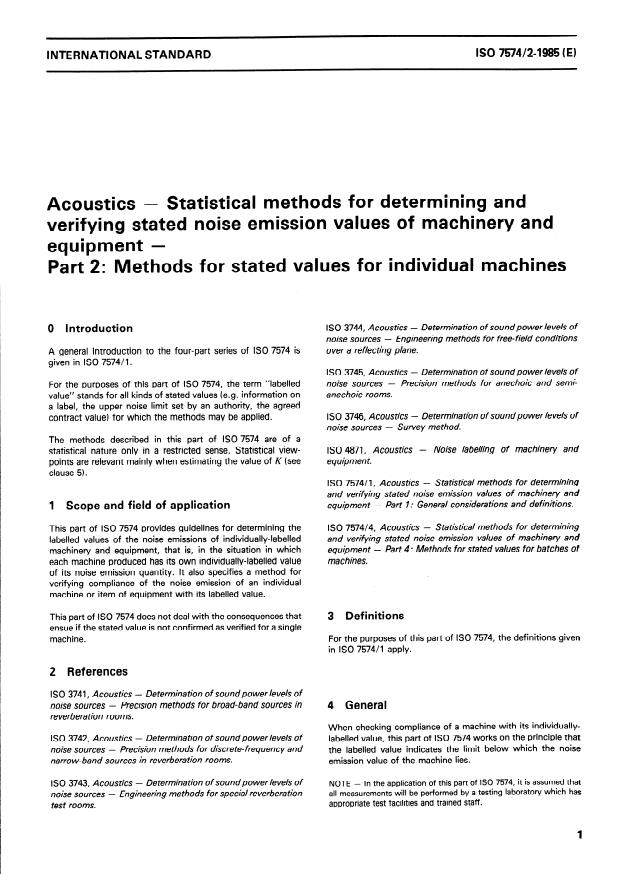 ISO 7574-2:1985 ISO 7574-2:1985 - Acoustics -- Statistical methods for determining and verifying stated noise emission values of machinery and equipment - Page 3 preview