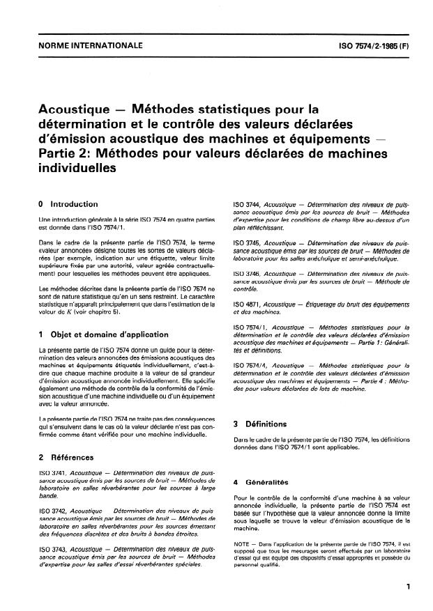 ISO 7574-2:1985 ISO 7574-2:1985 - Acoustique -- Méthodes statistiques pour la détermination et le contrôle des valeurs déclarées d'émission acoustique des machines et équipements - Page 3 preview