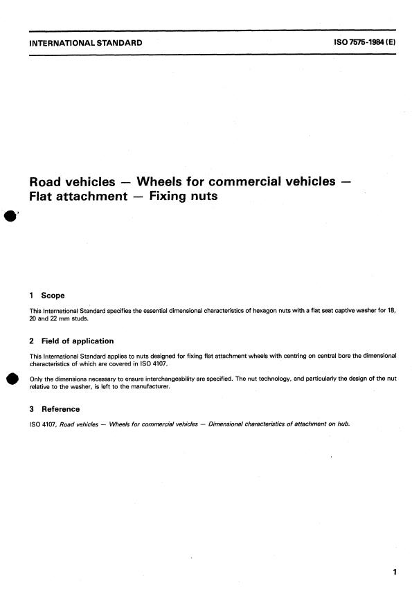 ISO 7575:1984 - Road vehicles -- Wheels for commercial vehicles -- Flat attachment -- Fixing nuts