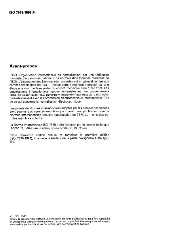 ISO 7575:1993 ISO 7575:1993 - Véhicules utilitaires -- Écrous de fixation des roues a attache plate - Page 2 preview