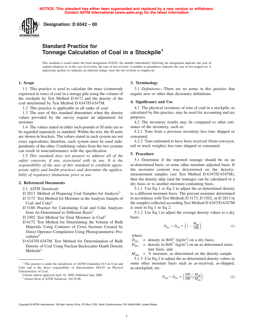 ASTM D6542-00 - Standard Practice for Tonnage Calculation of Coal in a Stockpile