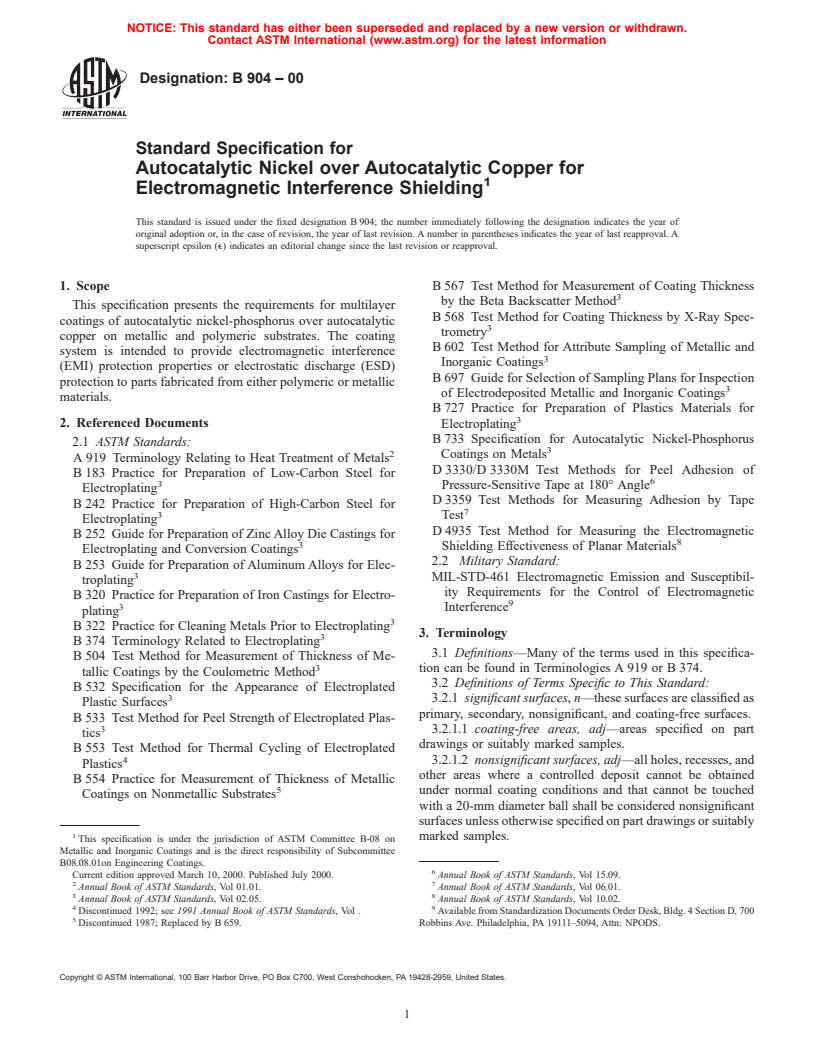 ASTM B904-00 - Standard Specification For Autocatalytic Nickel Over ...