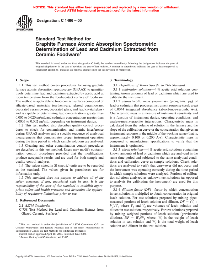 ASTM C1466-00 - Standard Test Method for Graphite Furnace Atomic Absorption Spectrometric Determination of Lead and Cadmium Extracted from Ceramic Foodware