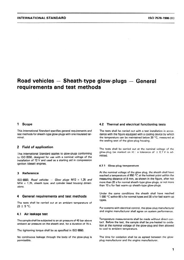 ISO 7578:1986 - Road vehicles -- Sheath-type glow-plugs -- General requirements and test methods