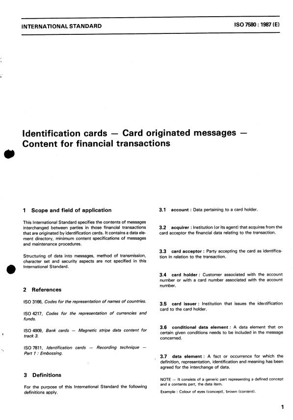 ISO 7580:1987 - Identification cards -- Card originated messages -- Content for financial transactions