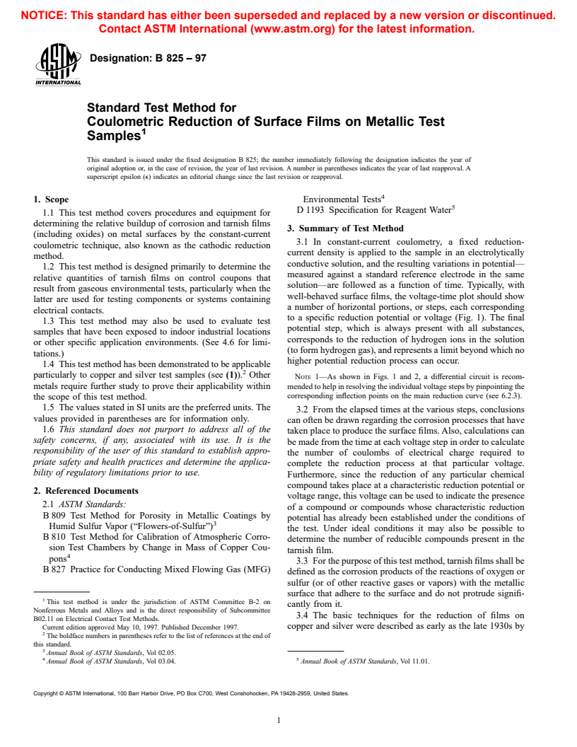 ASTM B825-97 - Standard Test Method for Coulometric Reduction of Surface Films on Metallic Test Samples
