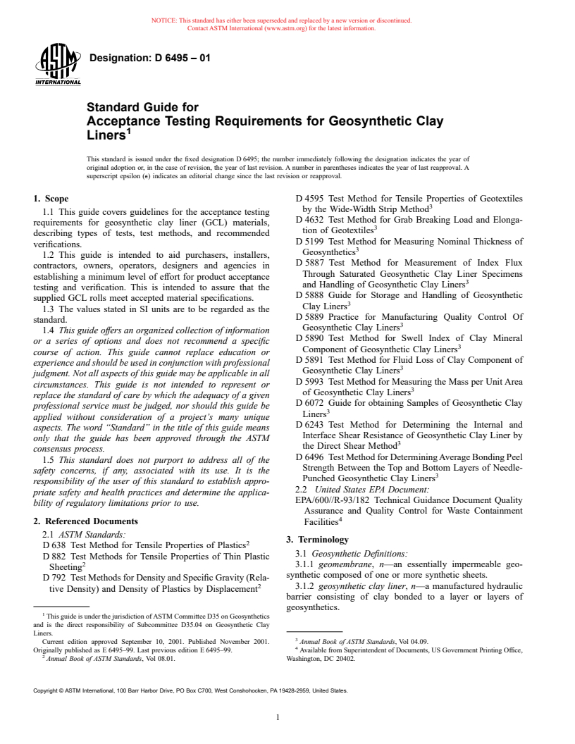 ASTM D6495-01 - Standard Guide for Acceptance Testing Requirements for Geosynthetic Clay Liners