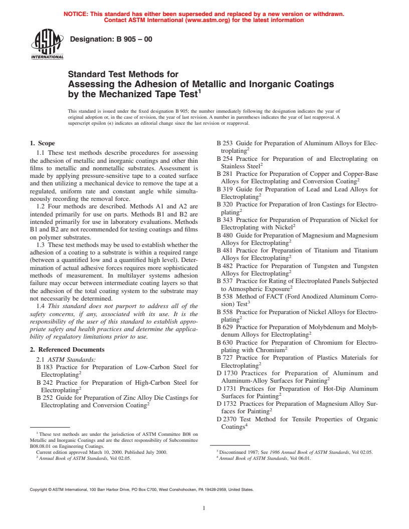 ASTM B905-00 - Standard Test Methods for Assessing the Adhesion of Metallic and Inorganic Coatings by the Mechanized Tape Test