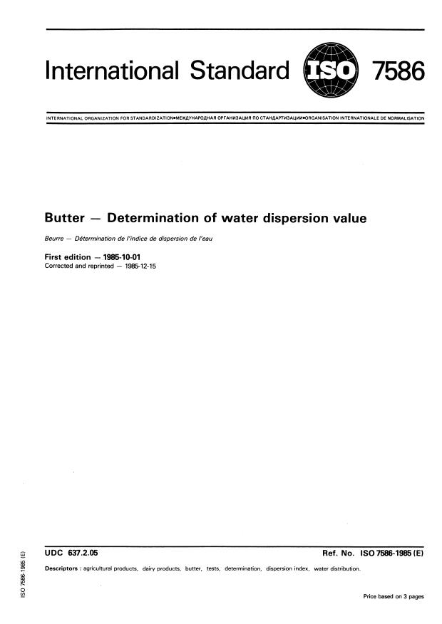 ISO 7586:1985 - Butter -- Determination of water dispersion value