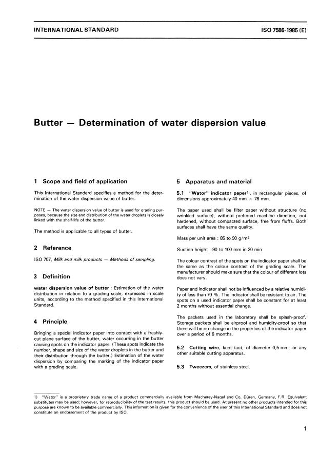 ISO 7586:1985 - Butter -- Determination of water dispersion value