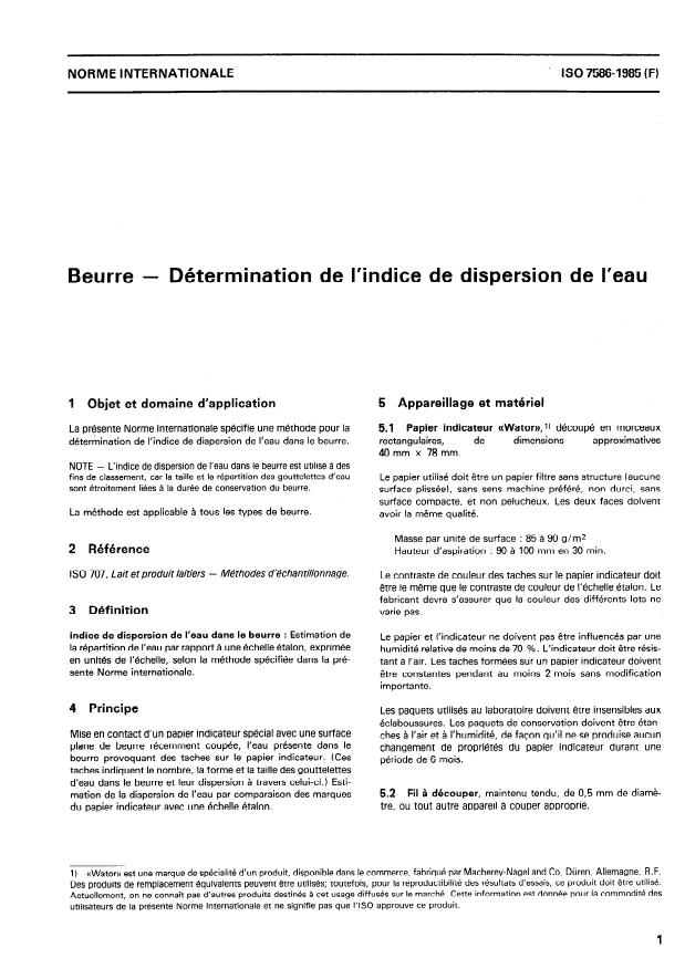ISO 7586:1985 - Beurre -- Détermination de l'indice de dispersion de l'eau