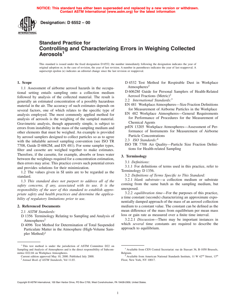 ASTM D6552-00 - Standard Practice for Controlling and Characterizing Errors in Weighing Collected Aerosols