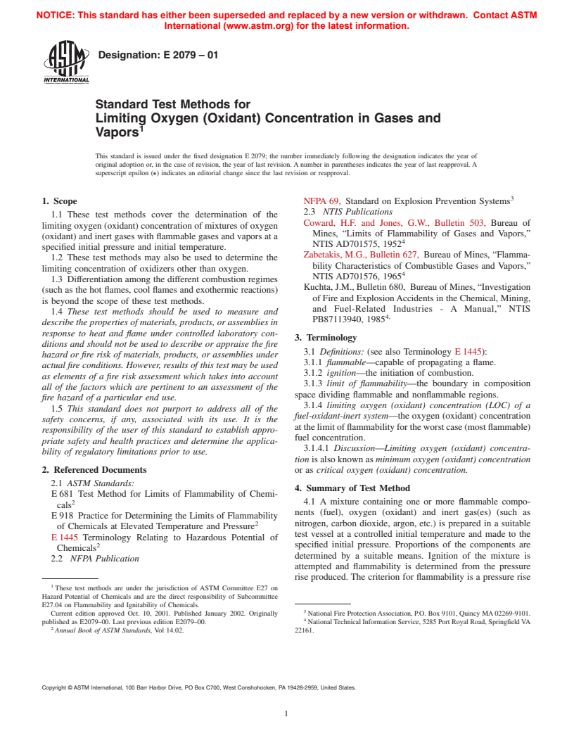 ASTM E2079-01 - Standard Test Methods for Limiting Oxygen (Oxidant) Concentration in Gases and Vapors