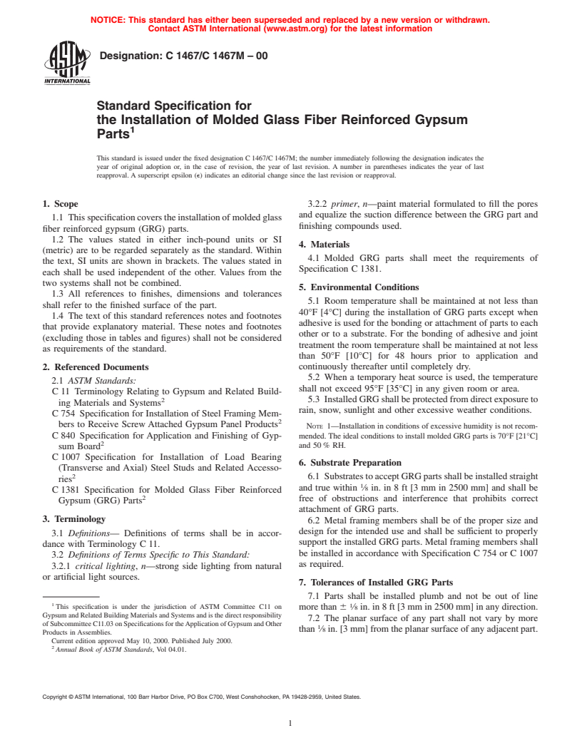 ASTM C1467/C1467M-00 - Standard Specification for the Installation of Molded Glass Fiber Reinforced Gypsum Parts