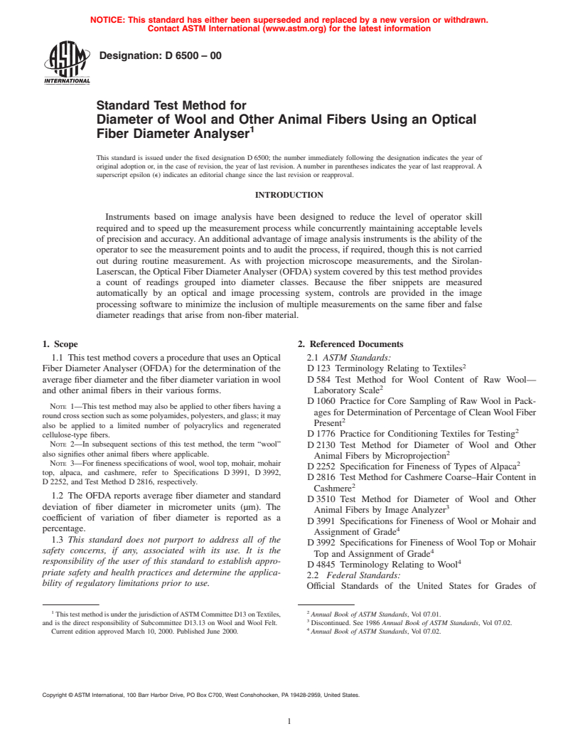 ASTM D6500-00 - Standard Test Method for Diameter of Wool and Other Animal Fibers Using an Optical Fiber Diameter Analyser