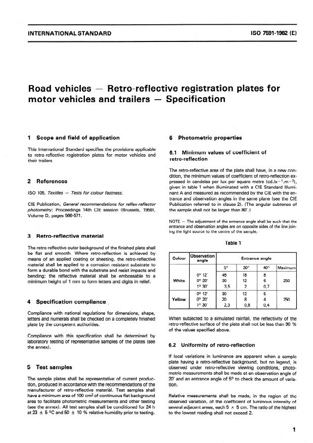 ISO 7591:1982 - Road vehicles -- Retro-reflective registration plates for motor vehicles and trailers -- Specification