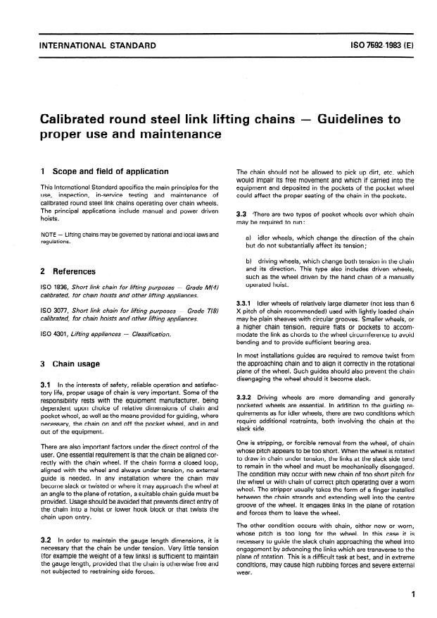 ISO 7592:1983 - Calibrated round steel link lifting chains -- Guidelines to proper use and maintenance