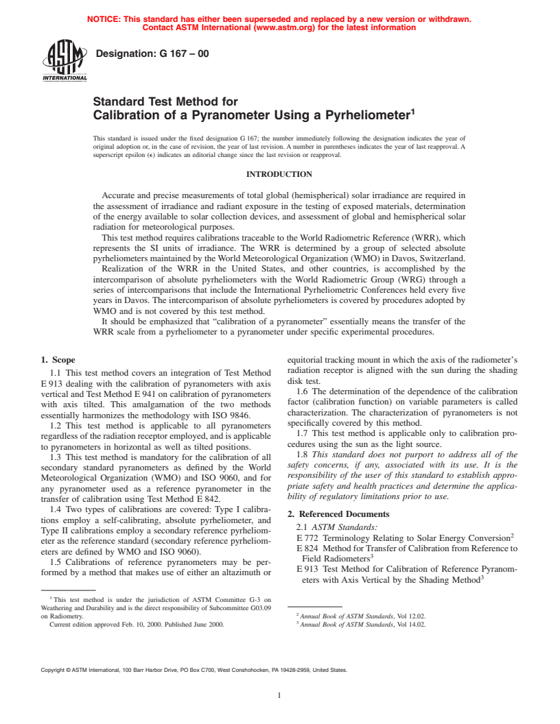 ASTM G167-00 - Standard Test Method for Calibration of a Pyranometer Using a Pyrheliometer