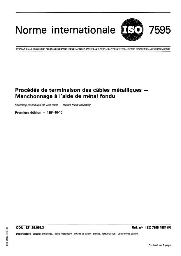 ISO 7595:1984 - Procédés de terminaison des câbles métalliques -- Manchonnage a l'aide de métal fondu