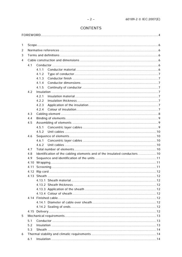 IEC 60189-2:2007 IEC 60189-2:2007 - Low-frequency cables and wires with PVC insulation and PVC sheath - Part 2: Cables in pairs, triples, quads and quintuples for inside installations - Page 4 preview