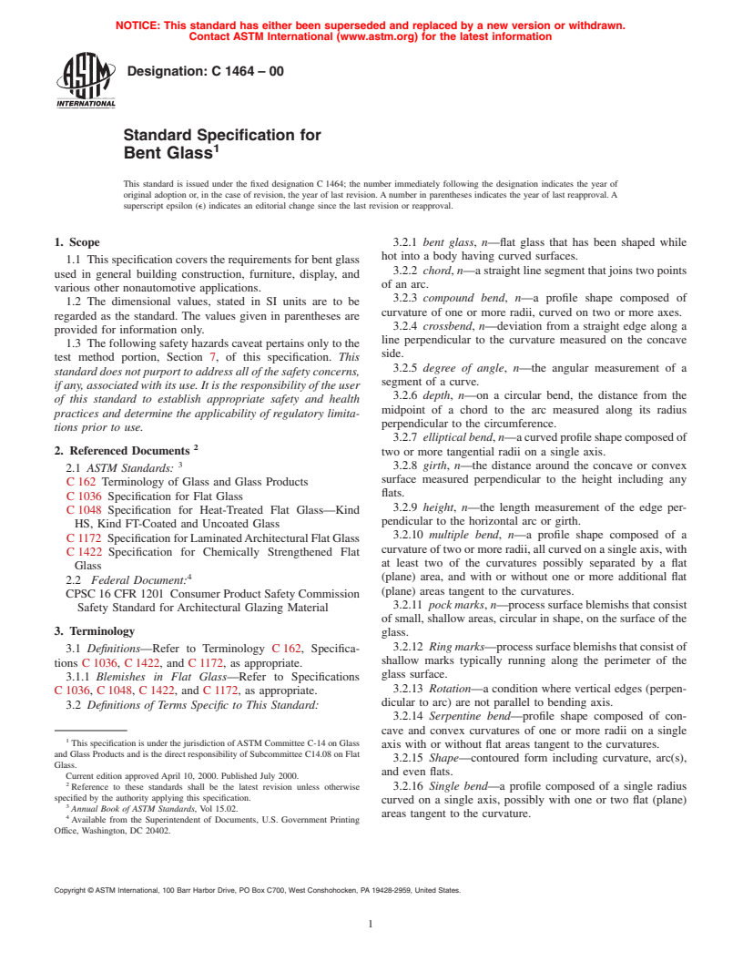 ASTM C1464-00 - Standard Specification for Bent Glass