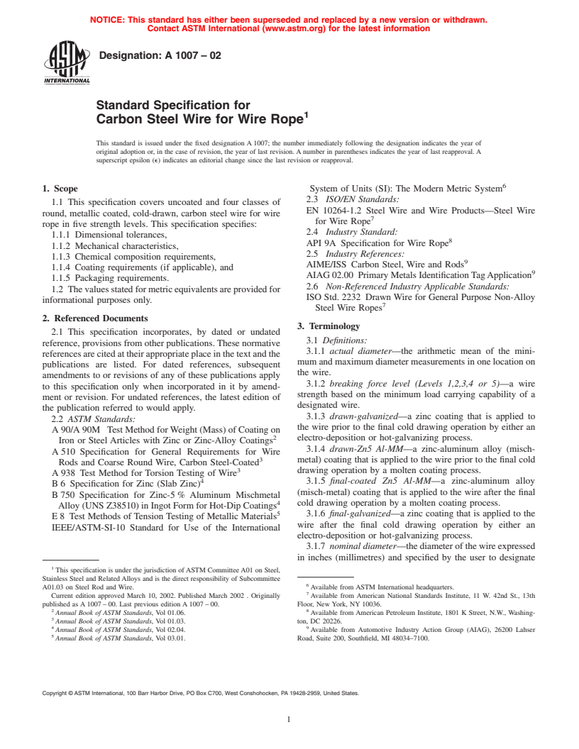 ASTM A1007-02 - Standard Specification for Carbon Steel Wire for Wire Rope