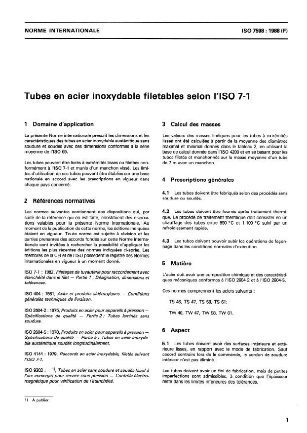 ISO 7598:1988 - Tubes en acier inoxydable filetables selon l'ISO 7-1