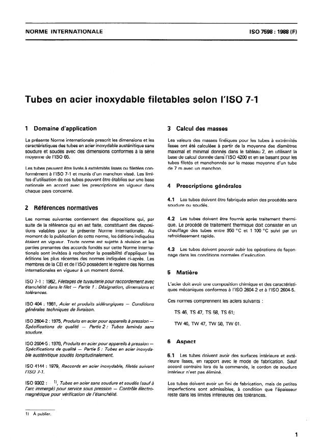 ISO 7598:1988 - Tubes en acier inoxydable filetables selon l'ISO 7-1