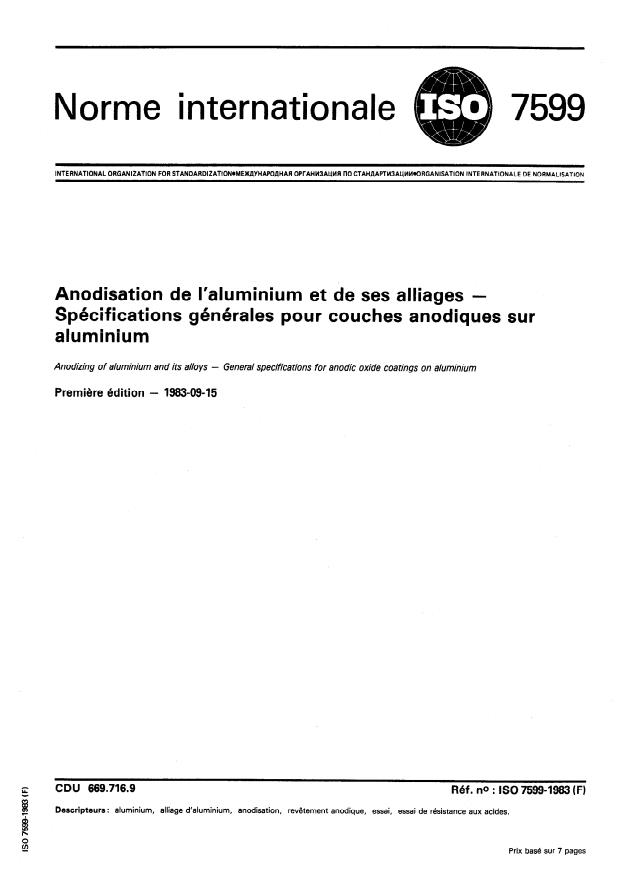 ISO 7599:1983 - Anodisation de l'aluminium et de ses alliages -- Spécifications générales  pour couches anodiques sur aluminium