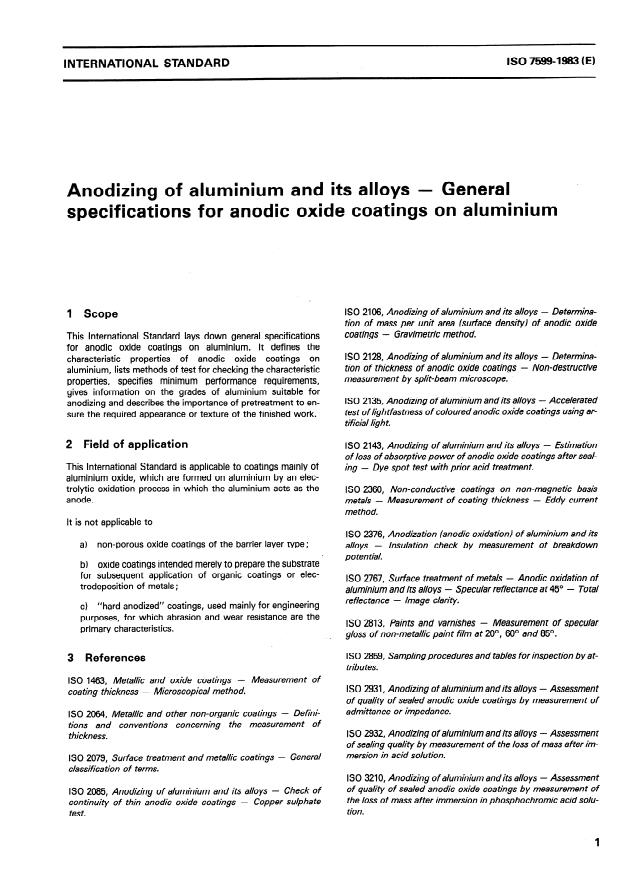ISO 7599:1983 - Anodizing of aluminium and its alloys -- General specifications for anodic oxide coatings on aluminium