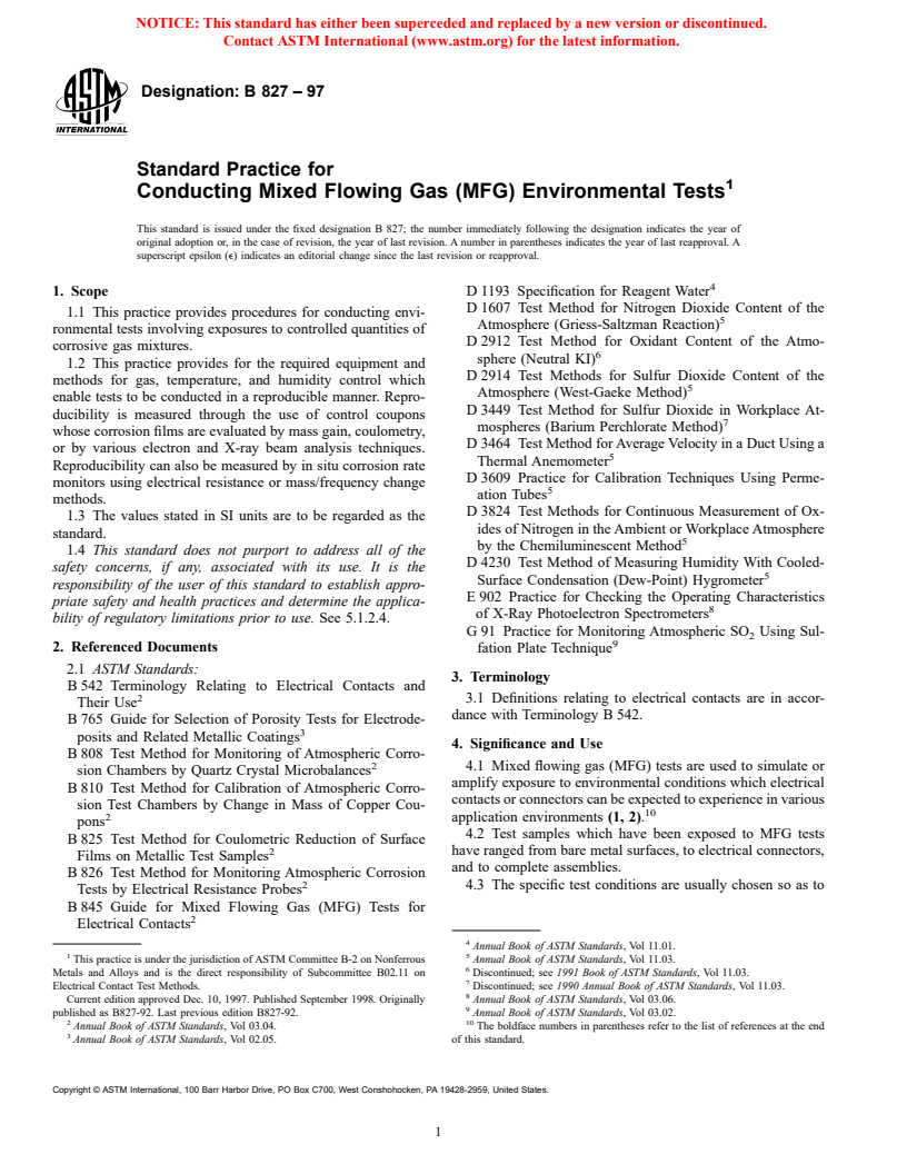 ASTM B827-97 - Standard Practice for Conducting Mixed Flowing Gas (MFG) Environmental Tests