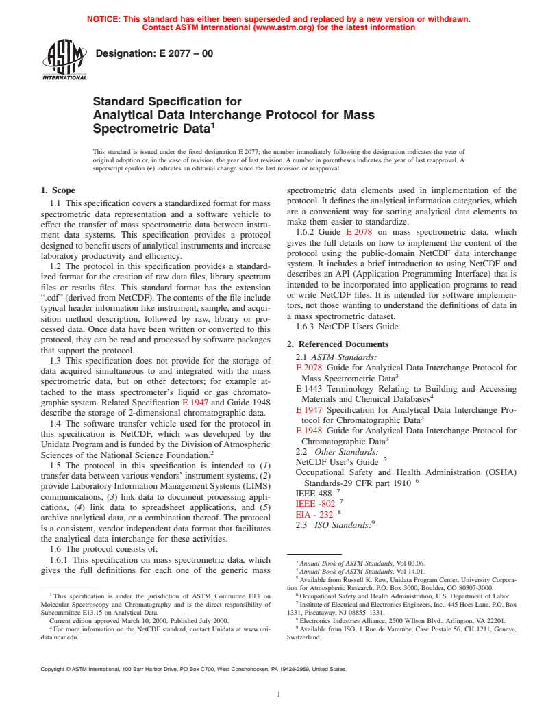 ASTM E2077-00 - Standard Specification for Analytical Data Interchange Protocol for Mass Spectrometric Data