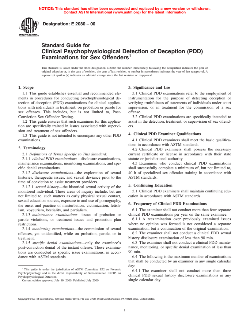 ASTM E2080-00 - Standard Guide for Clinical Psychophysiological Detection of Deception (PDD) Examinations for Sex Offenders