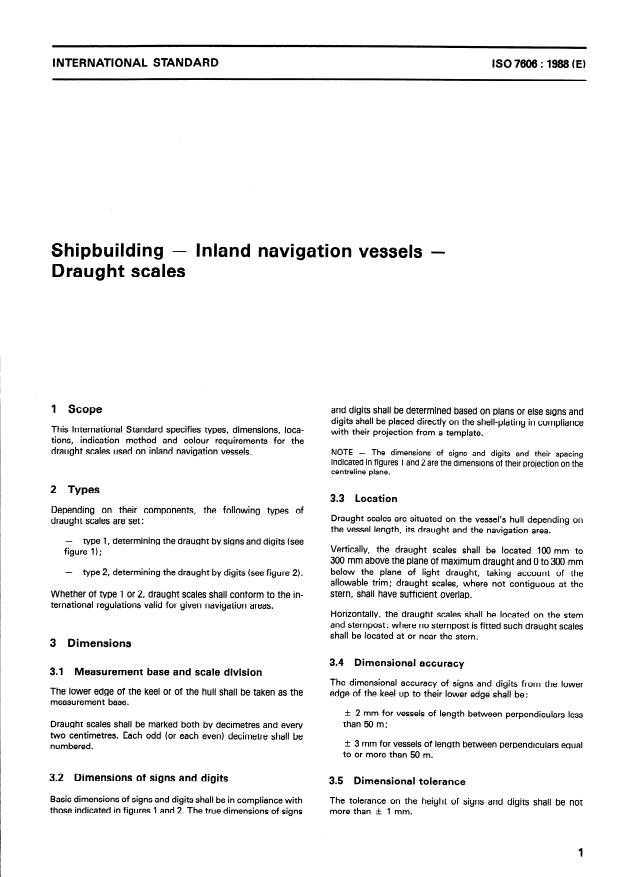 ISO 7606:1988 - Shipbuilding -- Inland navigation vessels -- Draught scales